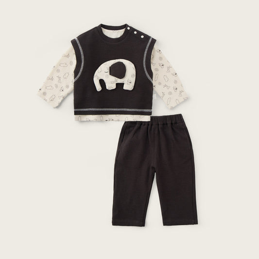Baby Boys Sweatshirt Set-Dark Grey and Off-White-Elephant Applique with Dotted Pattern Long Sleeve Top and Matching Pants