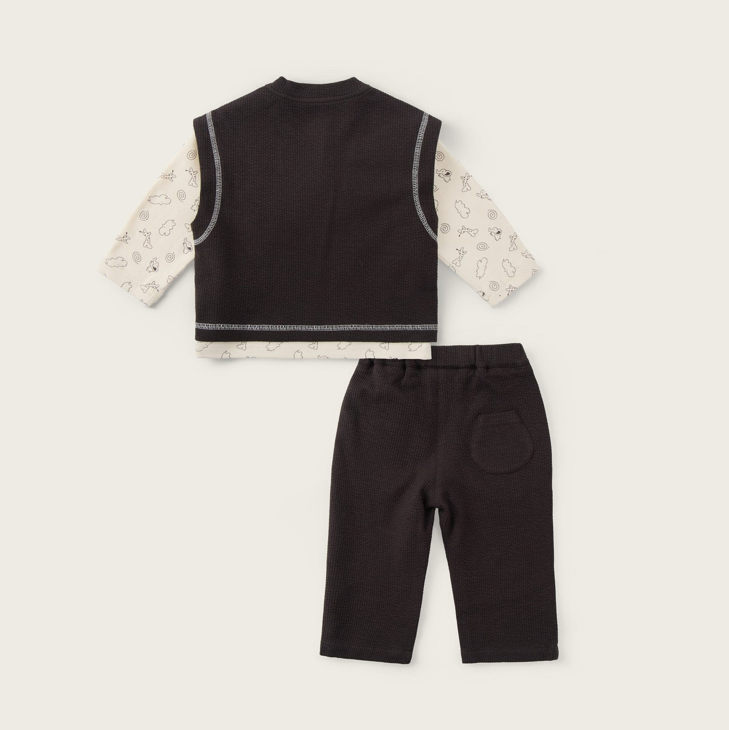 Baby Boys Sweatshirt Set-Dark Grey and Off-White-Elephant Applique with Dotted Pattern Long Sleeve Top and Matching Pants