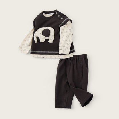 Baby Boys Sweatshirt Set-Dark Grey and Off-White-Elephant Applique with Dotted Pattern Long Sleeve Top and Matching Pants
