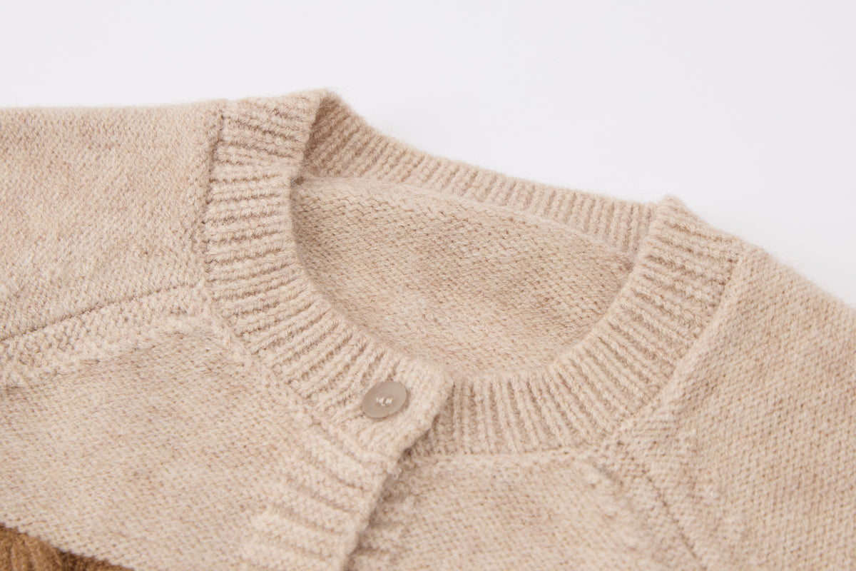 Baby Girls Knit Cardigan-Oatmeal-Brown Contrast Ruffle Trim and Tulle Tutu Skirt Set