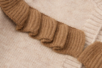 Baby Girls Knit Cardigan-Oatmeal-Brown Contrast Ruffle Trim and Tulle Tutu Skirt Set