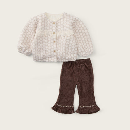 A baby girl's two-piece outfit set featuring a cream-colored textured cardigan with a geometric pattern and brown corduroy flared pants with ruffle hems, displayed on a light beige background with 'jacinda bebe' and 'lovely kids' text.