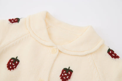 Baby Girls Knit Cardigan-Off White-Strawberry Embroidery and Burgundy Tulle Tutu Skirt Set