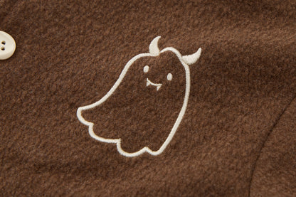 Baby Boys Hooded Cardigan-Brown-Little Ghost Embroidery and Matching Pants Set