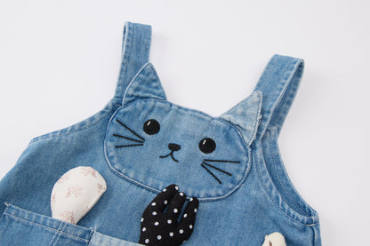 Baby Girls Denim Pinafore Dress-Blue-Cat Embroidery with 3D Pocket Toys and White Blouse Set