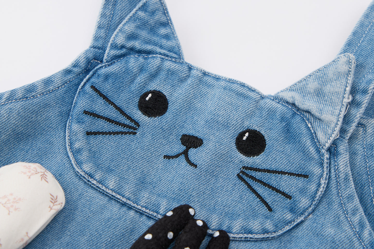 Baby Girls Denim Pinafore Dress-Blue-Cat Embroidery with 3D Pocket Toys and White Blouse Set
