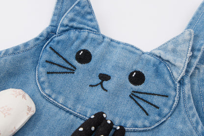 Baby Girls Denim Pinafore Dress-Blue-Cat Embroidery with 3D Pocket Toys and White Blouse Set