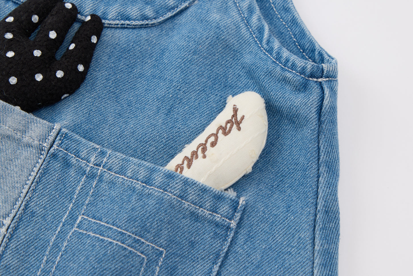 Baby Girls Denim Pinafore Dress-Blue-Cat Embroidery with 3D Pocket Toys and White Blouse Set