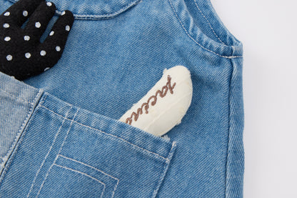 Baby Girls Denim Pinafore Dress-Blue-Cat Embroidery with 3D Pocket Toys and White Blouse Set