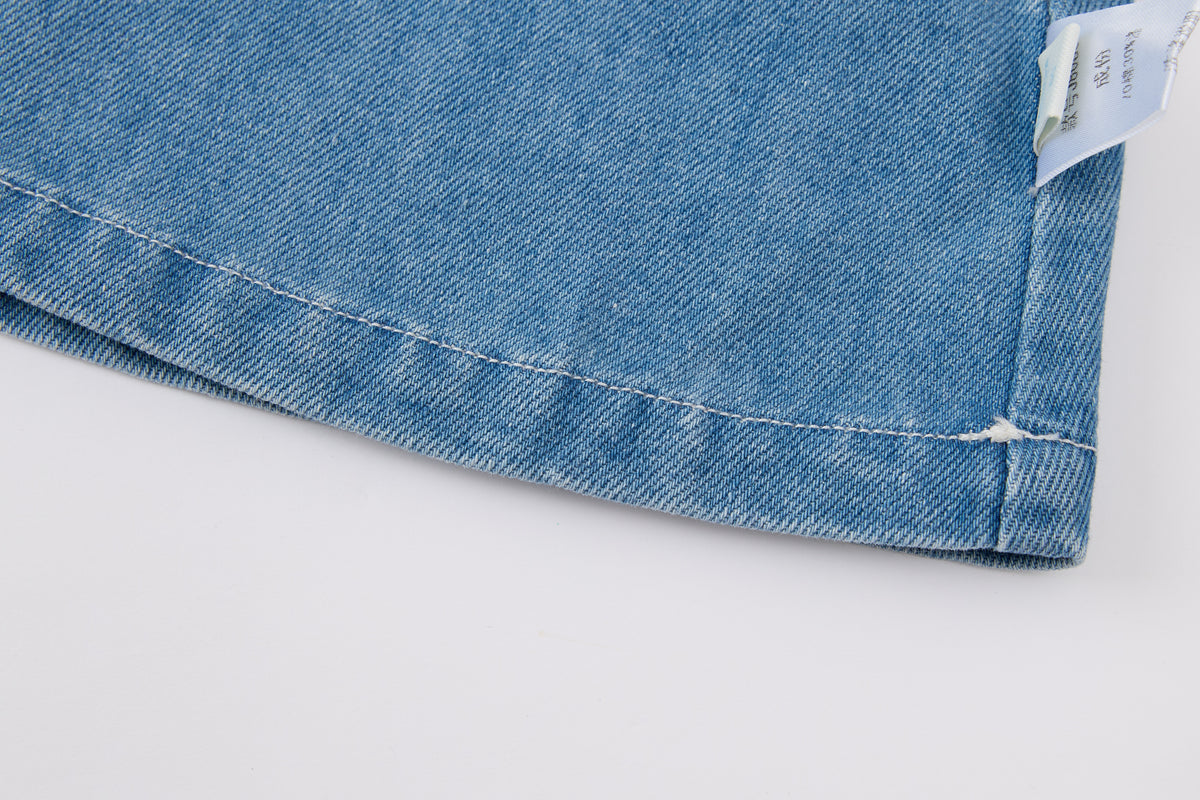 Baby Girls Denim Pinafore Dress-Blue-Cat Embroidery with 3D Pocket Toys and White Blouse Set