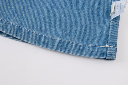 Baby Girls Denim Pinafore Dress-Blue-Cat Embroidery with 3D Pocket Toys and White Blouse Set