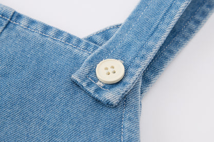 Baby Girls Denim Pinafore Dress-Blue-Cat Embroidery with 3D Pocket Toys and White Blouse Set