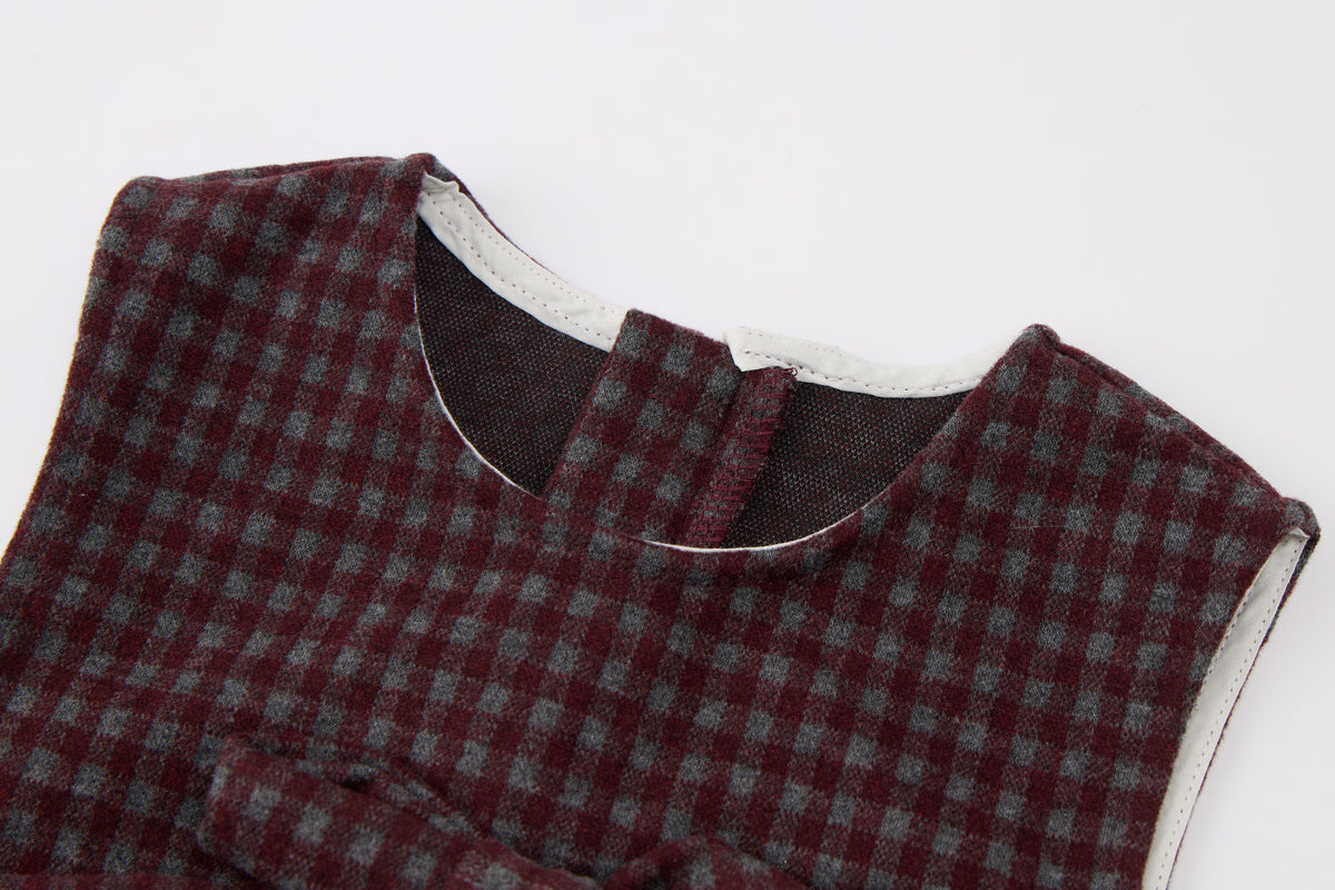 Baby Girls Plaid Dress Set-Burgundy and Cream-Embroidered Collar and Bow Detail Long Sleeve Dress
