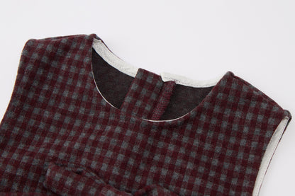 Baby Girls Plaid Dress Set-Burgundy and Cream-Embroidered Collar and Bow Detail Long Sleeve Dress