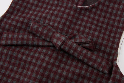 Baby Girls Plaid Dress Set-Burgundy and Cream-Embroidered Collar and Bow Detail Long Sleeve Dress