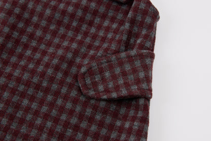 Baby Girls Plaid Dress Set-Burgundy and Cream-Embroidered Collar and Bow Detail Long Sleeve Dress