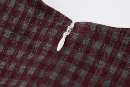 Baby Girls Plaid Dress Set-Burgundy and Cream-Embroidered Collar and Bow Detail Long Sleeve Dress