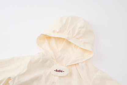 Baby Boys Hooded Jacket-Off White-Burgundy Striped Inner Shirt and Blue Jeans Set