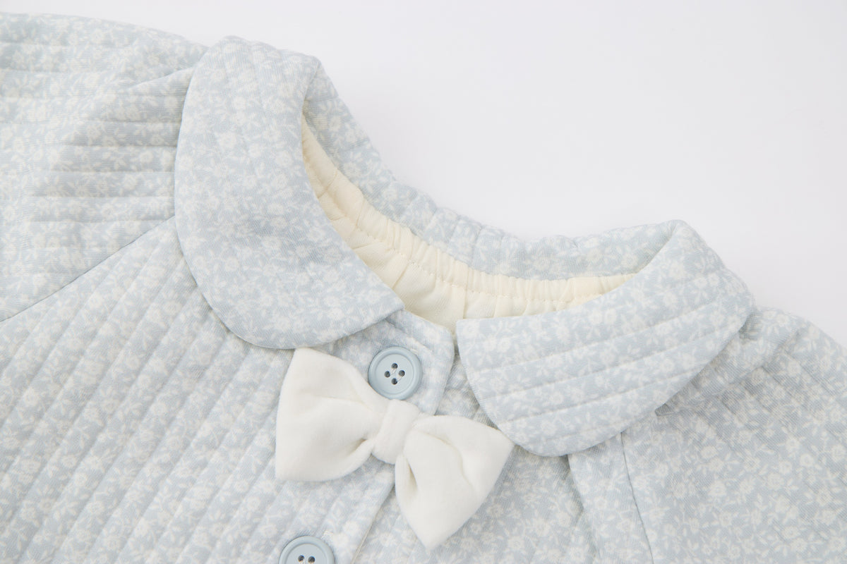 Baby Girls Quilted Cardigan-Light Blue-Peter Pan Collar with Bow Accents and Flared Jeans Set