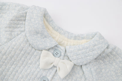 Baby Girls Quilted Cardigan-Light Blue-Peter Pan Collar with Bow Accents and Flared Jeans Set