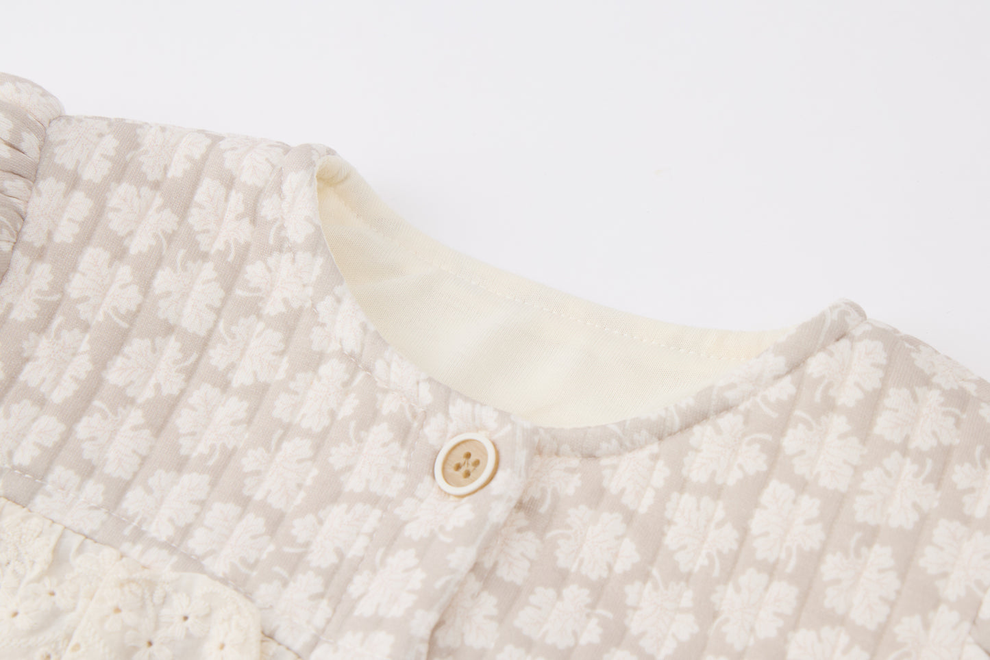 Baby Girls Quilted Cardigan-Beige-All Over Clover Floral Pattern with Lace Trim and Brown Ruffle Pants Set
