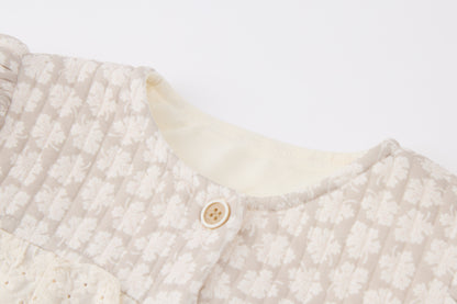 Baby Girls Quilted Cardigan-Beige-All Over Clover Floral Pattern with Lace Trim and Brown Ruffle Pants Set