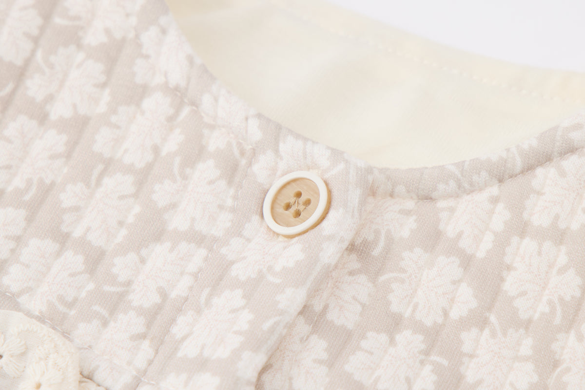 Baby Girls Quilted Cardigan-Beige-All Over Clover Floral Pattern with Lace Trim and Brown Ruffle Pants Set