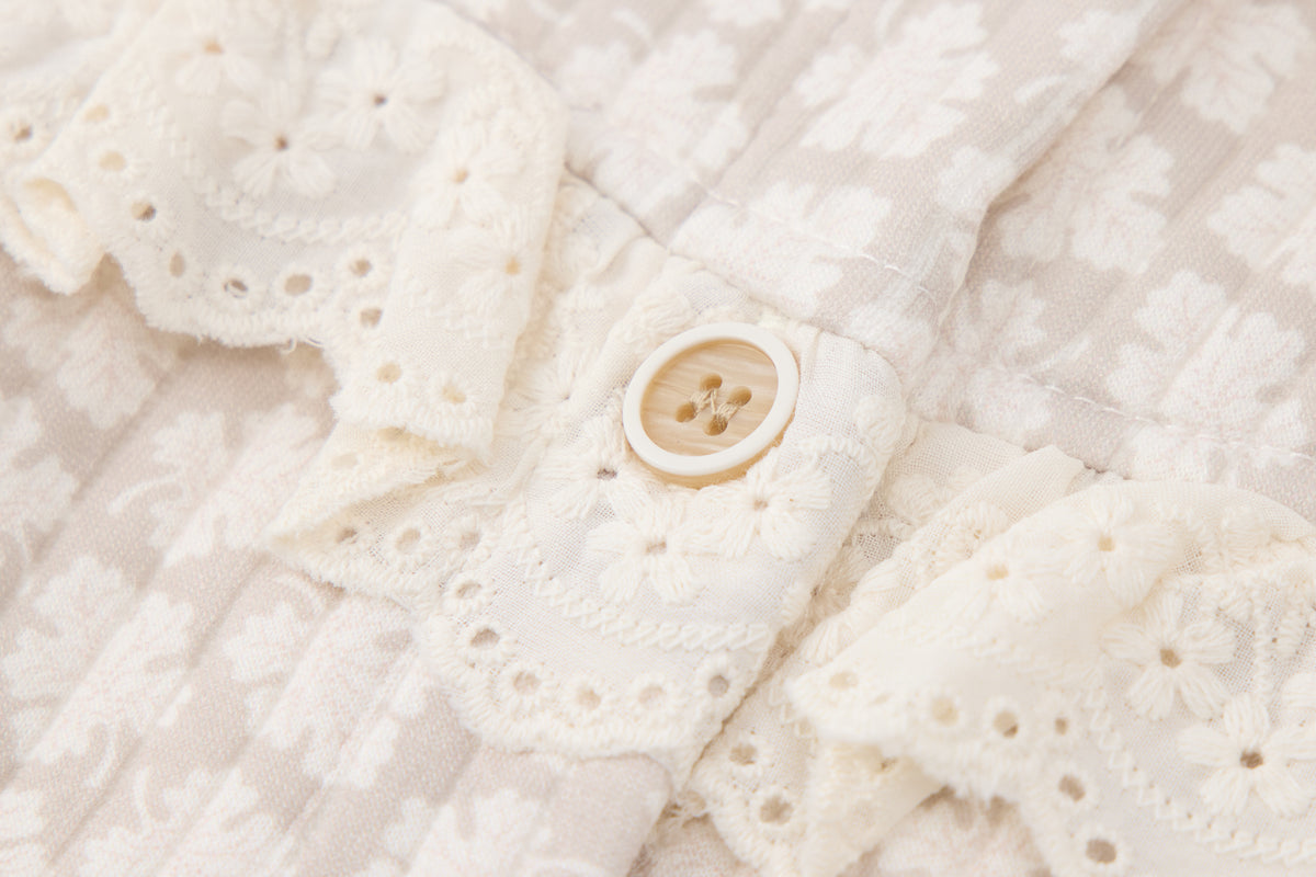 Baby Girls Quilted Cardigan-Beige-All Over Clover Floral Pattern with Lace Trim and Brown Ruffle Pants Set