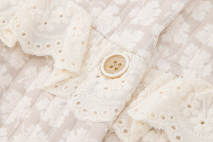 Baby Girls Quilted Cardigan-Beige-All Over Clover Floral Pattern with Lace Trim and Brown Ruffle Pants Set