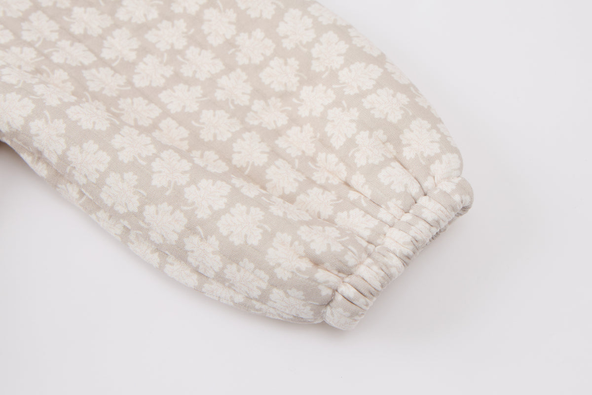 Baby Girls Quilted Cardigan-Beige-All Over Clover Floral Pattern with Lace Trim and Brown Ruffle Pants Set