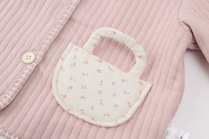 Baby Girls Quilted Cardigan-Pink-Handbag Pocket and Floral Patch Pants Set