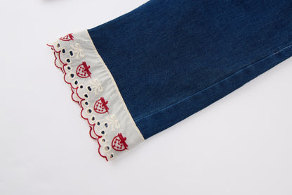 Baby Girls Sweatshirt-Off White-Large Tomato Applique with Ruffle Hem and Blue Jeans Set