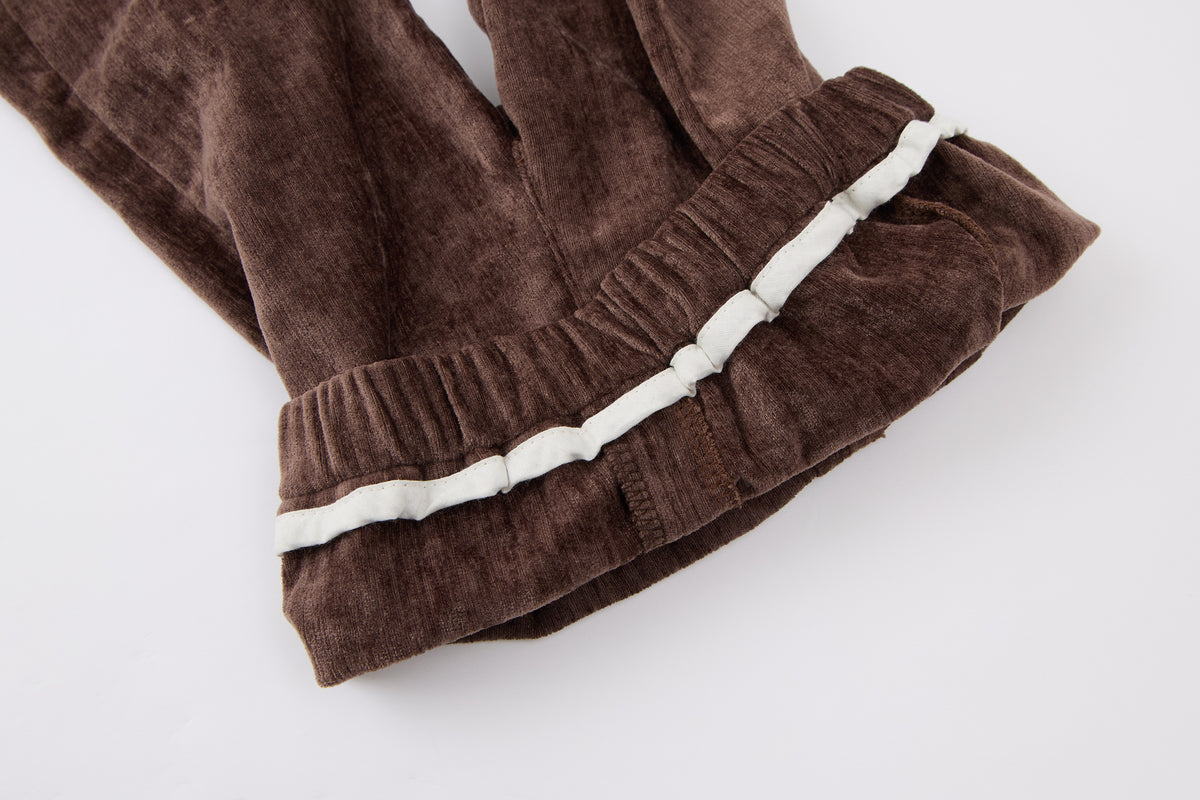 Baby Girls Quilted Cardigan-Beige-All Over Clover Floral Pattern with Lace Trim and Brown Ruffle Pants Set