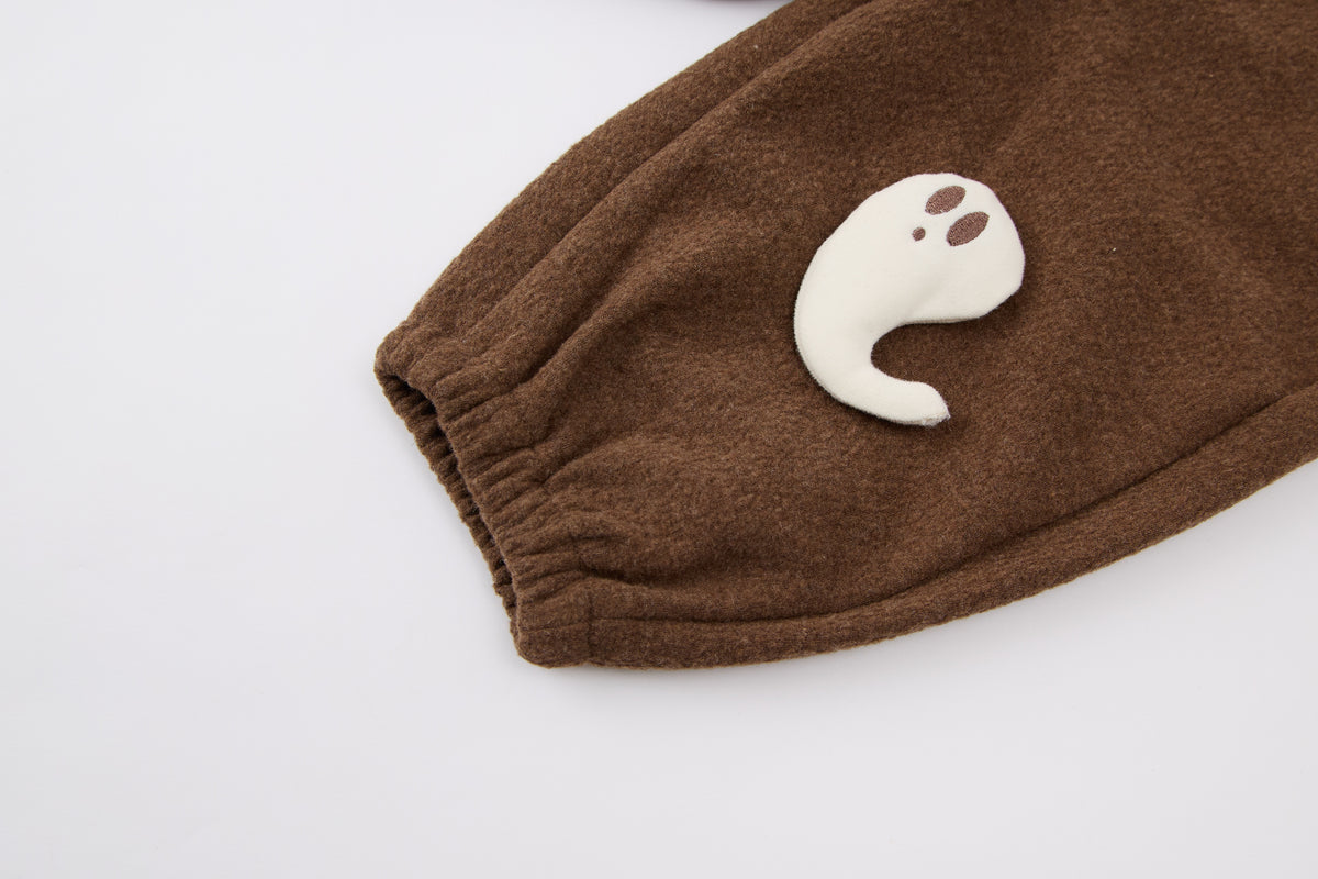 Baby Boys Hooded Cardigan-Brown-Little Ghost Embroidery and Matching Pants Set