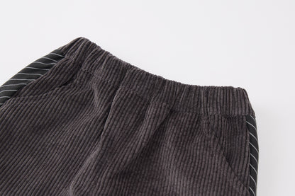 Baby Boys False Two-Piece Sweatshirt-Dark Grey-V-Neck Striped Hem and Matching Pants Set