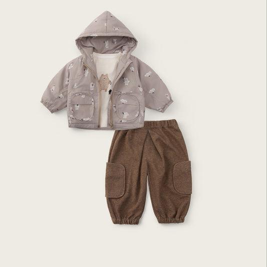 Baby-boy-brown-beige-bear-jacket-shirt-pants-set