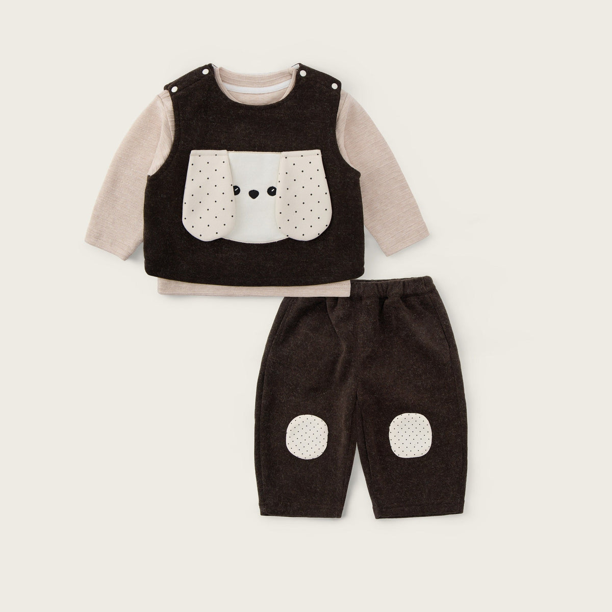 Baby-boy-dark-brown-puppy-vest-apricot-shirt-pants-set