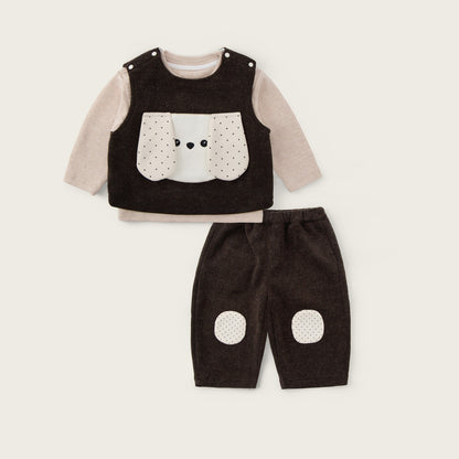 Baby-boy-dark-brown-puppy-vest-apricot-shirt-pants-set