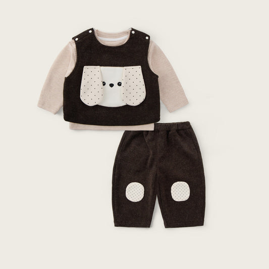 Baby-boy-dark-brown-puppy-vest-apricot-shirt-pants-set