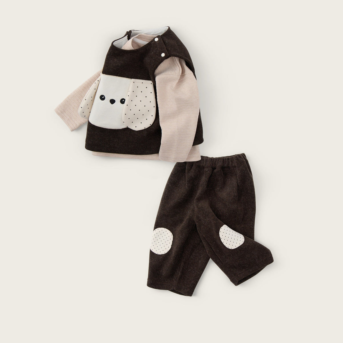 Baby-boy-dark-brown-puppy-vest-apricot-shirt-pants-set