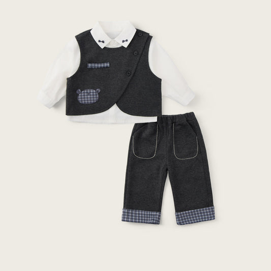 Baby-boy-dark-grey-vest-shirt-plaid-cuff-pants-set