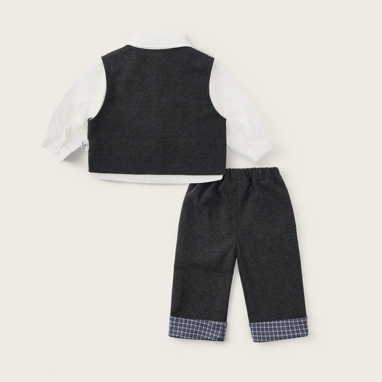 Baby-boy-dark-grey-vest-shirt-plaid-cuff-pants-set