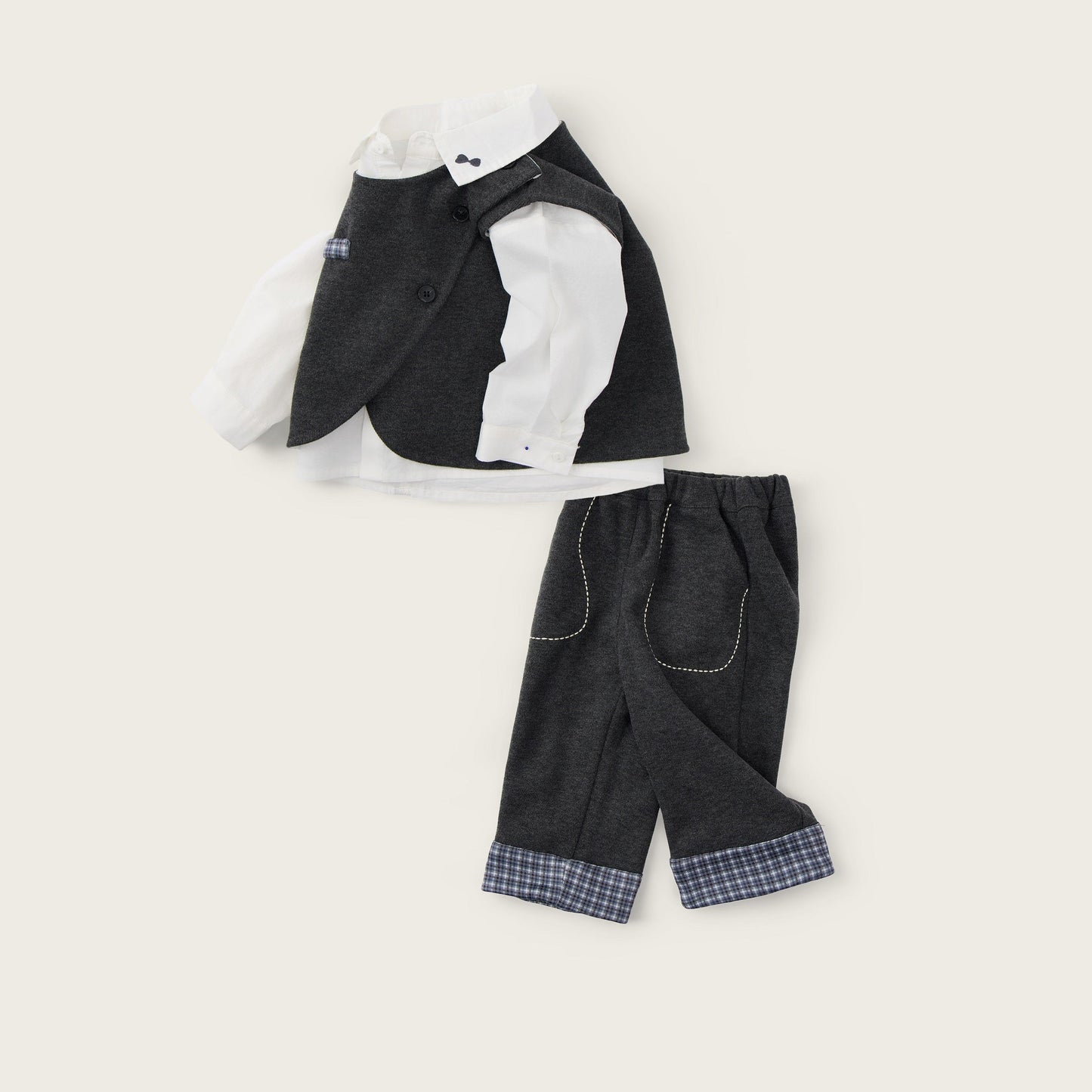 Baby-boy-dark-grey-vest-shirt-plaid-cuff-pants-set