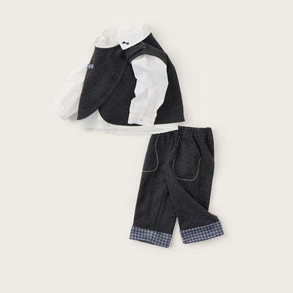 Baby-boy-dark-grey-vest-shirt-plaid-cuff-pants-set