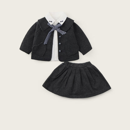 Baby-girl-dark-grey-woolen-jacket-shirt-pleated-skirt-set