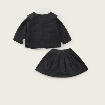 Baby-girl-dark-grey-woolen-jacket-shirt-pleated-skirt-set