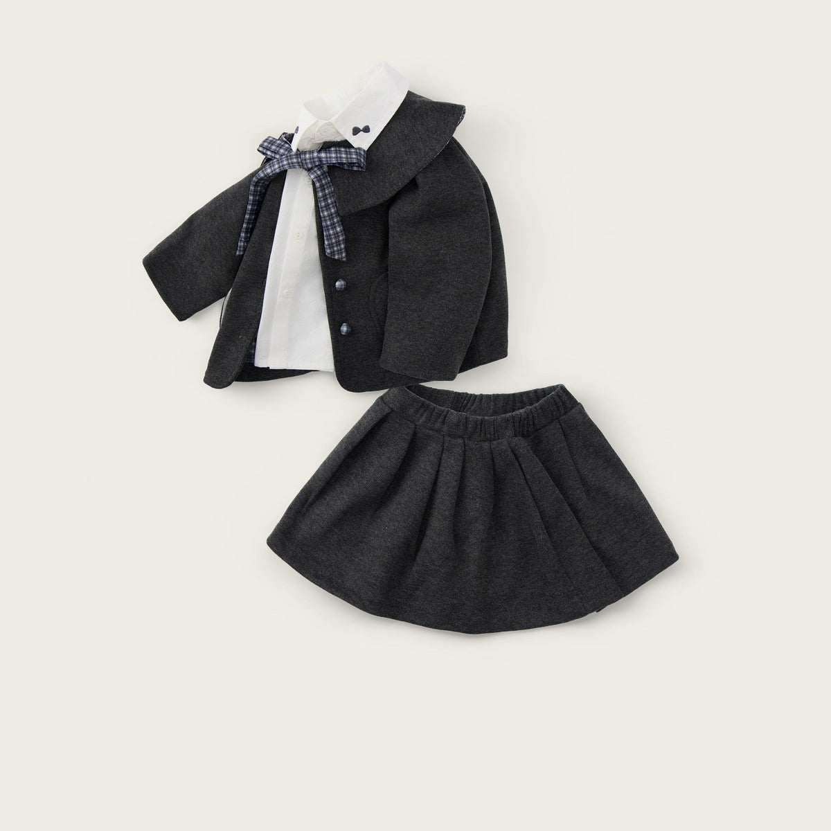 Baby-girl-dark-grey-woolen-jacket-shirt-pleated-skirt-set