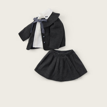 Baby-girl-dark-grey-woolen-jacket-shirt-pleated-skirt-set