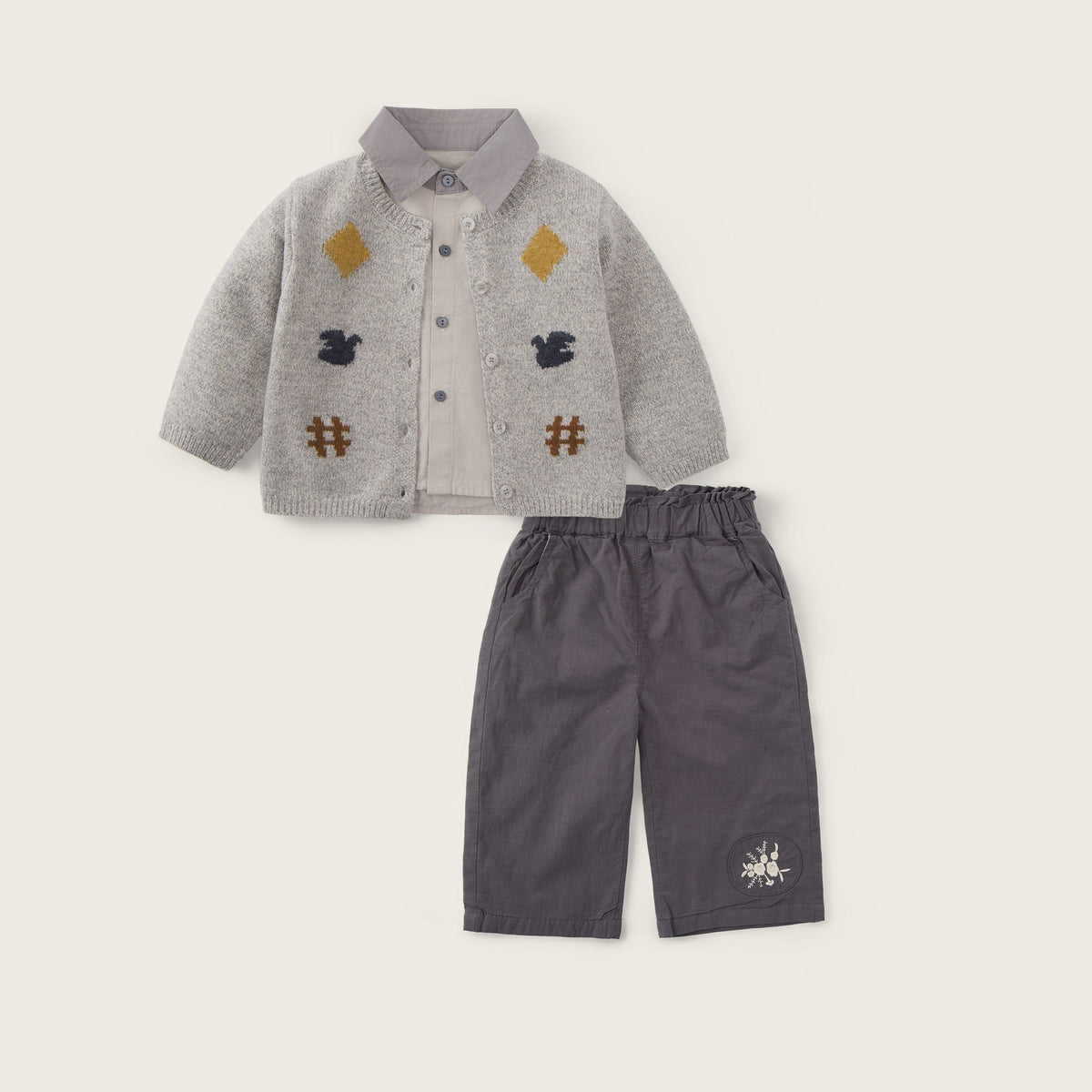 Baby-boy-grey-cardigan-teacup-shirt-embroidered-pants-set