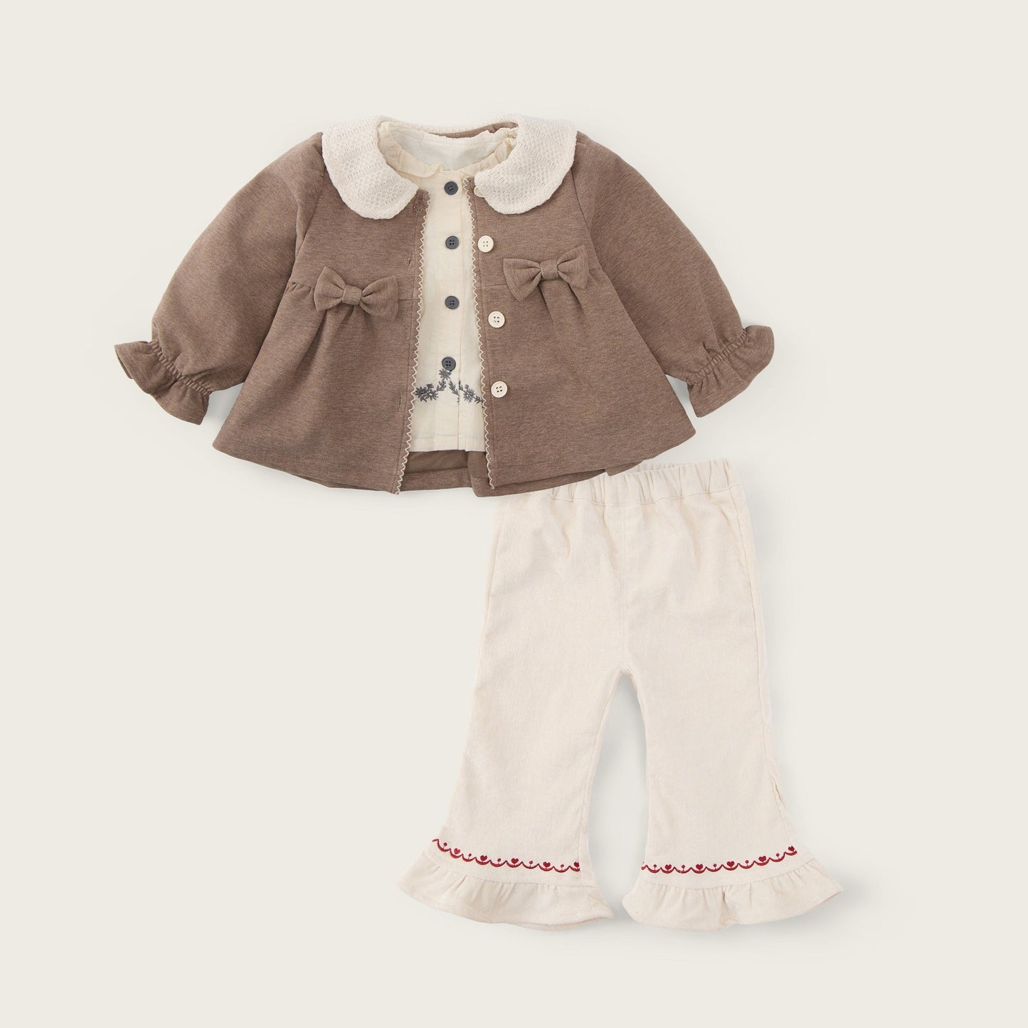 Baby-girls-oatmeal-apricot-jacket-top-flared-pants-set